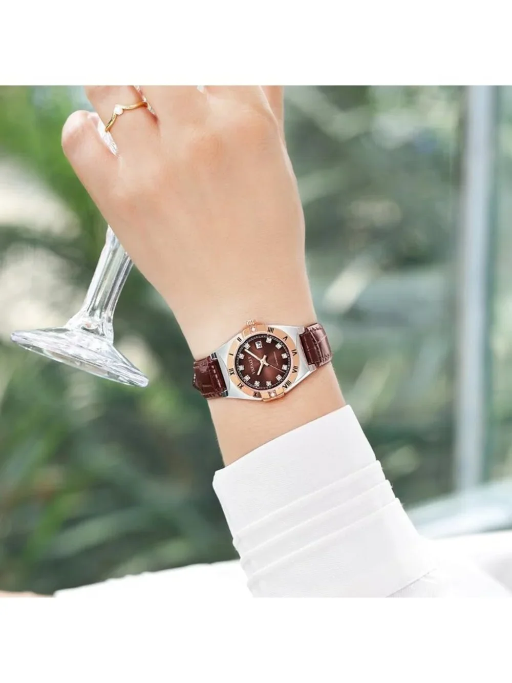 Women's Silver Brown Crystal Diamond Dial Genuine Leather Strap Wrist Watches